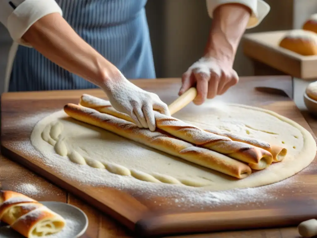 Unas manos de panadero experto moldeando con destreza la masa para grissini, en una cocina rústica