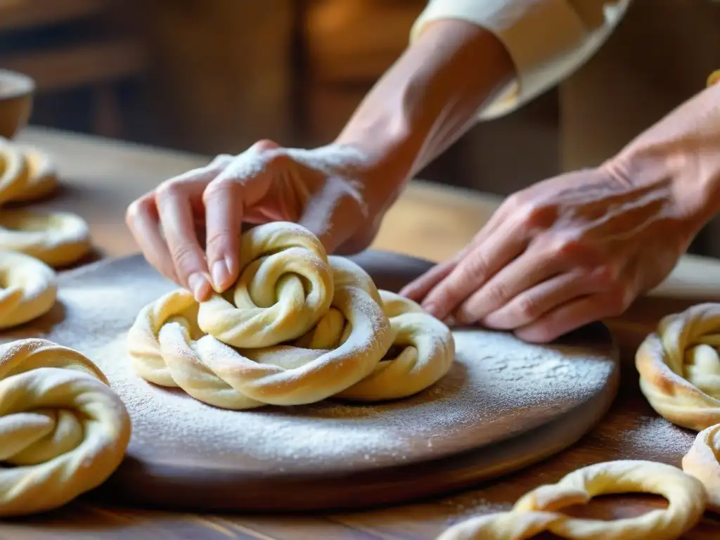 Unas manos de panadero experto moldeando la masa para taralli italianos, mostrando el proceso artesanal