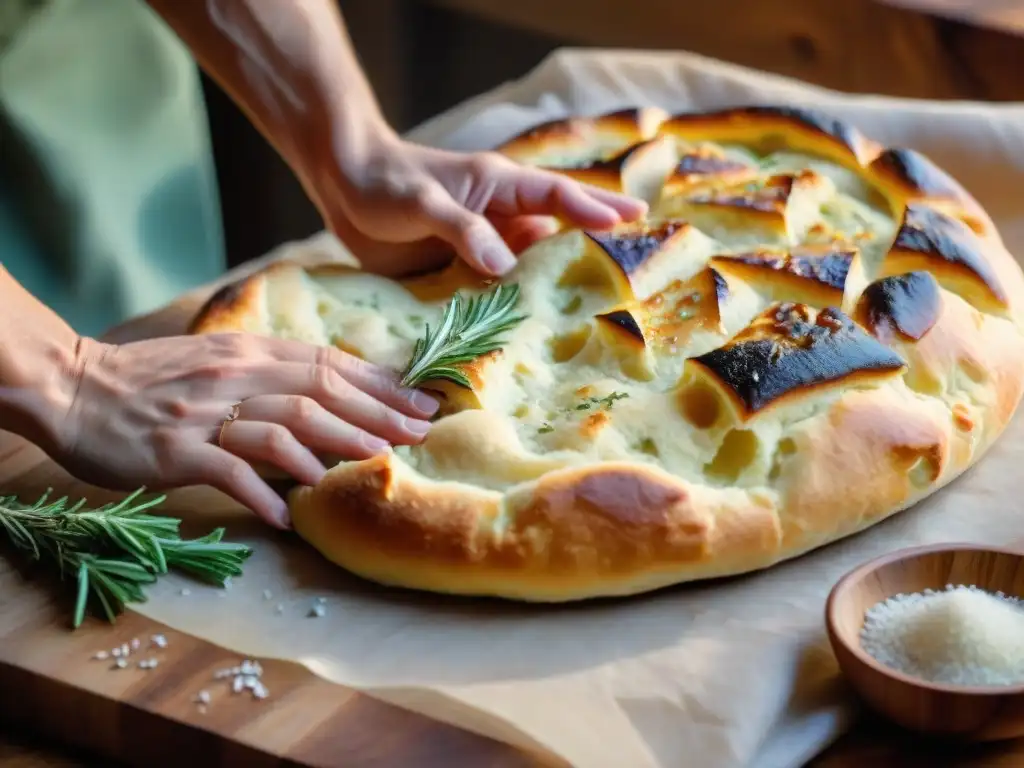 Manos de panadero creando focaccia italiana receta tradicional en cocina rústica