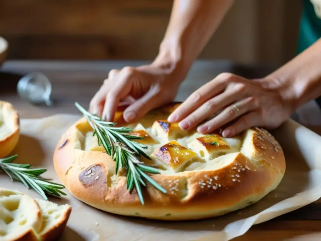 Manos de panadero moldeando la masa de focaccia dorada con romero fresco y sal marina