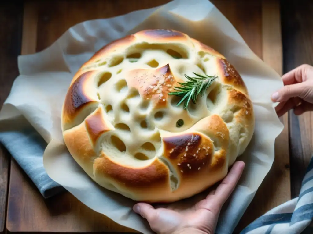 Unas manos de panadero trabajan la masa de focaccia italiana receta tradicional, con romero y sal marina