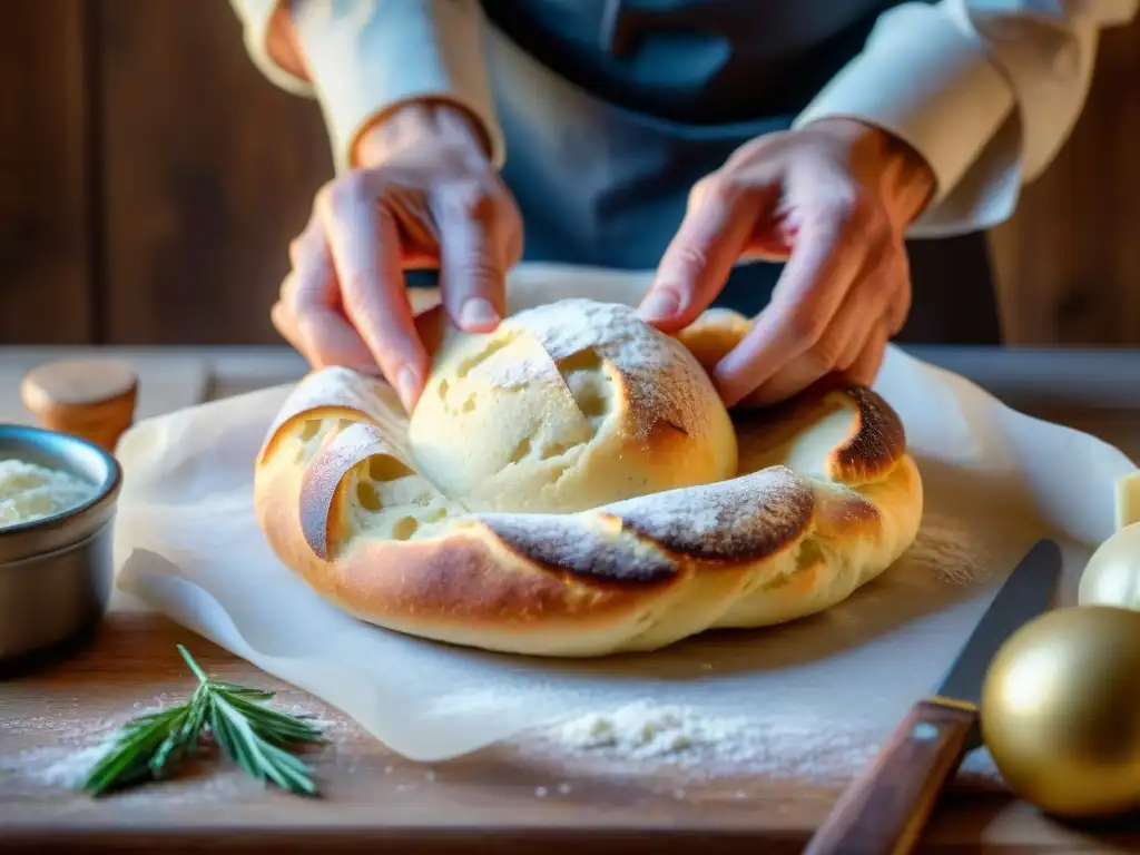 Manos de panadero amasando masa para Focaccia Barese receta auténtica en encimera rústica