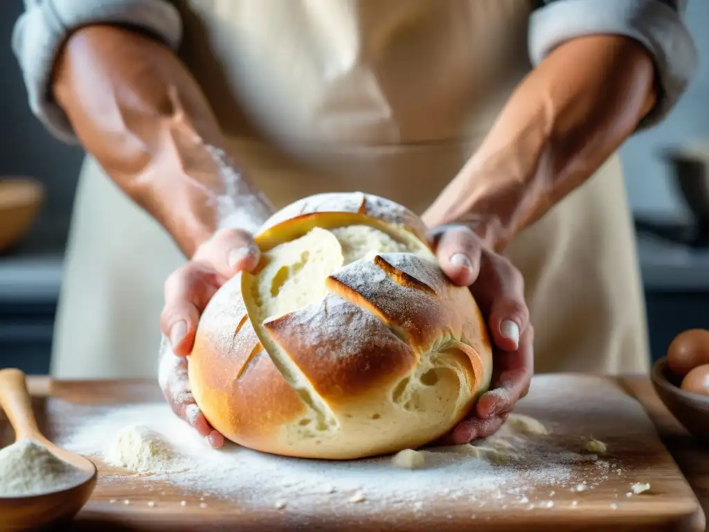 Las manos del panadero amasan la masa madre italiana paso a paso en una cocina acogedora y cálida