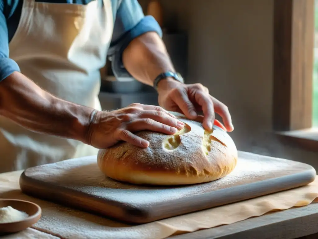 Manos de panadero toscano moldeando expertamente la masa de pan sciocco, enriqueciendo la tradición del Pan sin sal de Toscana