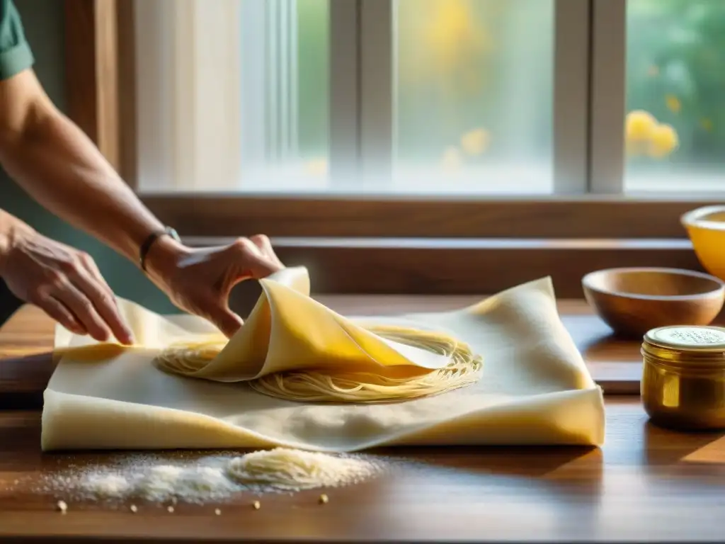 Manos amasando pasta fresca con libro de recetas italianas al fondo