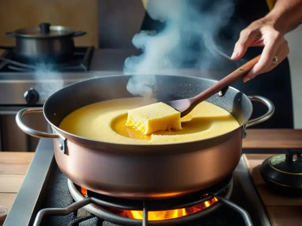 Manos revolviendo polenta en olla de cobre sobre fuego