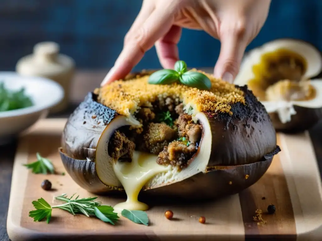 Manos preparando setas rellenas con mezcla de hierbas, queso y pan rallado en cocina italiana