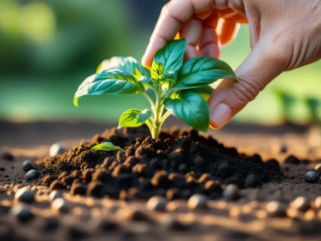 Manos plantando tiernas plántulas de albahaca en un huerto italiano en la ciudad