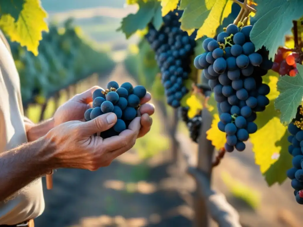 Manos expertas en la vendimia de Sangiovese bajo el sol de la Toscana Manos de vinicultor italiano inspeccionando uvas Sangiovese bajo el sol toscano