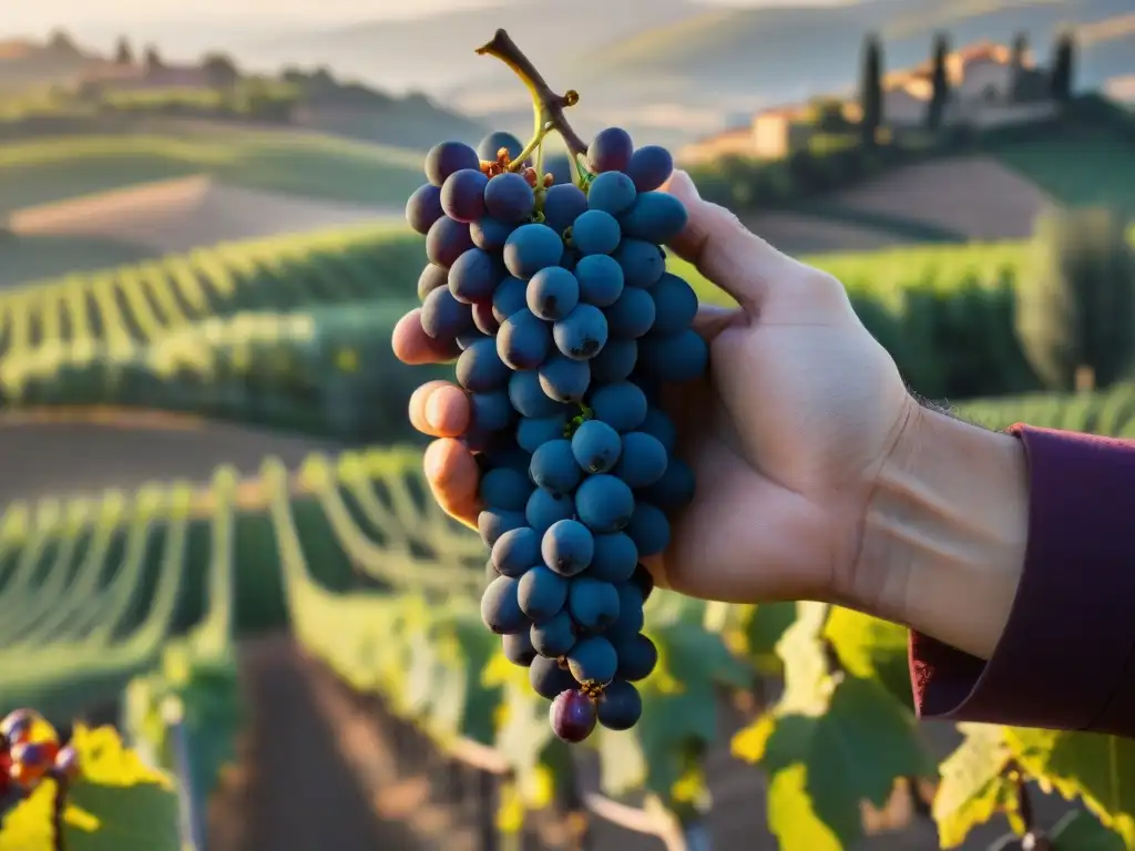 Manos de viticultor italiano certificado cuidando uvas Sangiovese en las colinas de la Toscana al amanecer