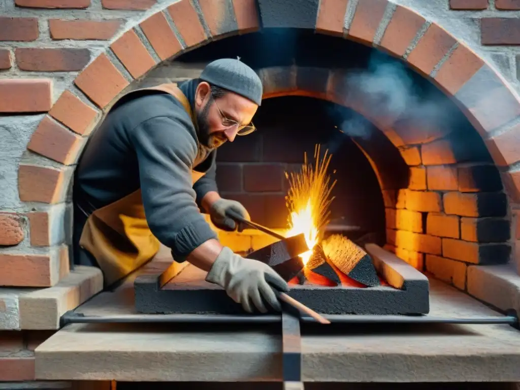 Mantenimiento de horno de leña: Manos limpiando con detalle el interior de un horno, con ladrillos y llamas de fondo