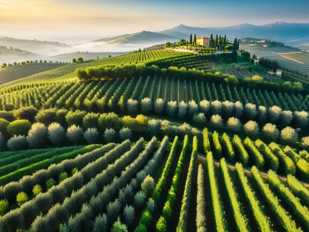 Un manto verde de olivos en la campiña italiana, con viñedos y bosques de trufas al fondo