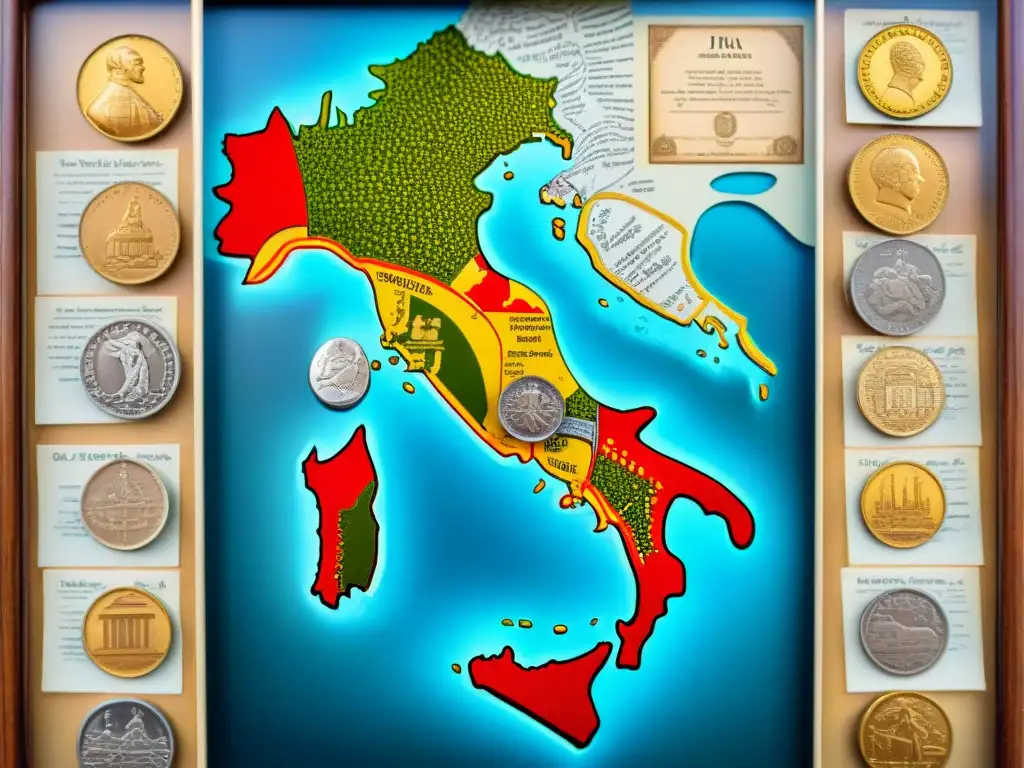 Mapa antiguo de Italia con emprendedores italianos, ideas innovadoras y monedas vintage