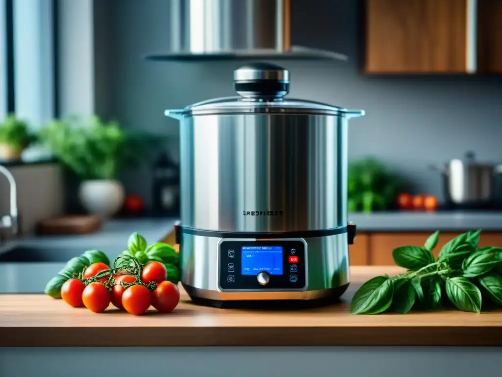 Una máquina de cocción a baja temperatura rodeada de ingredientes frescos italianos, en una cocina contemporánea