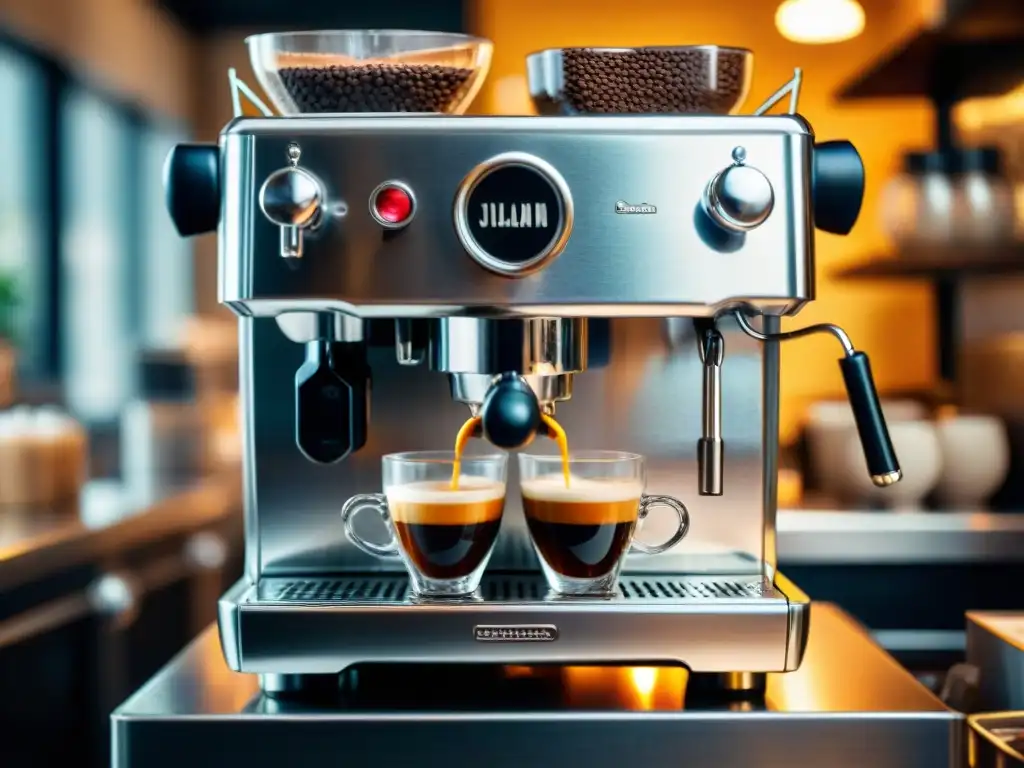 Una máquina de café espresso en una cocina italiana, rodeada de granos de café, tazas de espresso humeante y un barista creando arte latte