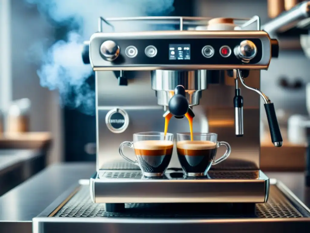 Una máquina de espresso moderna en una cocina acogedora, con detalles de vapor y tazas de café