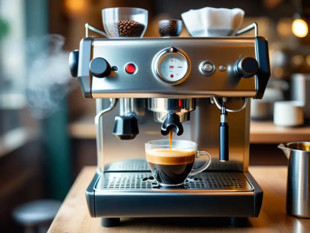 Una máquina italiana de espresso envejecida rodeada de granos de café recién tostados