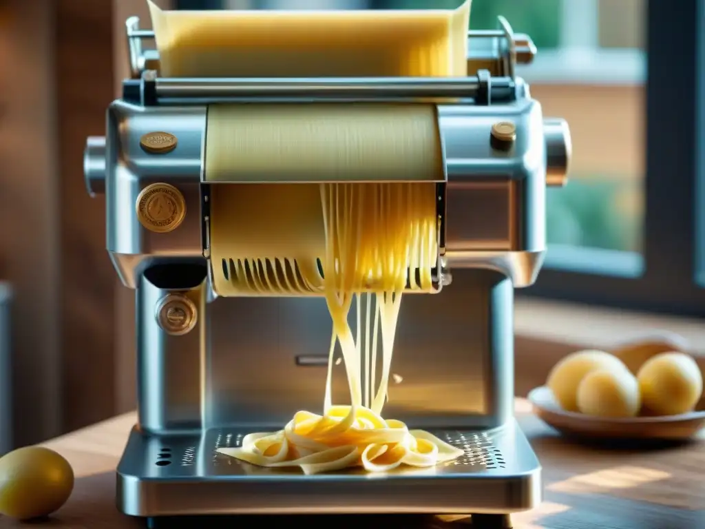 Una máquina para pasta italiana revolucionaria en una cocina rústica, fusionando tradición e innovación con maestría culinaria