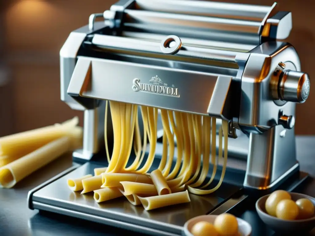 Una máquina para pasta italiana revolucionaria en acción, destacando su mecanismo intrincado y precisión innovadora