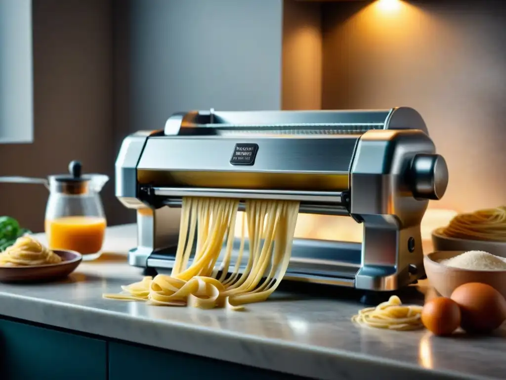 Máquina de pasta moderna amasando y cortando espaguetis, iluminación suave en cocina italiana fácil electrodomésticos