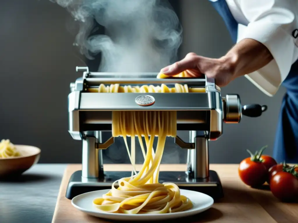 Una máquina de pasta de última generación en acción, extrayendo hebras perfectas de masa fresca