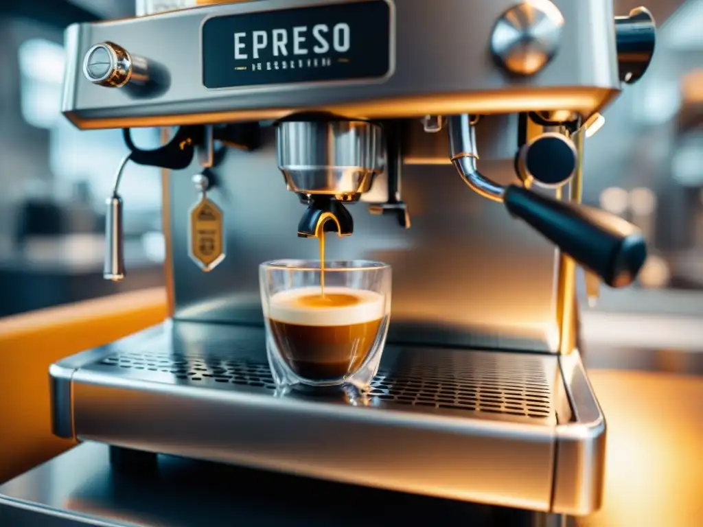 La innovación de las máquinas de café espresso italianas en detalle, mostrando la creación de un espresso perfecto con crema dorada