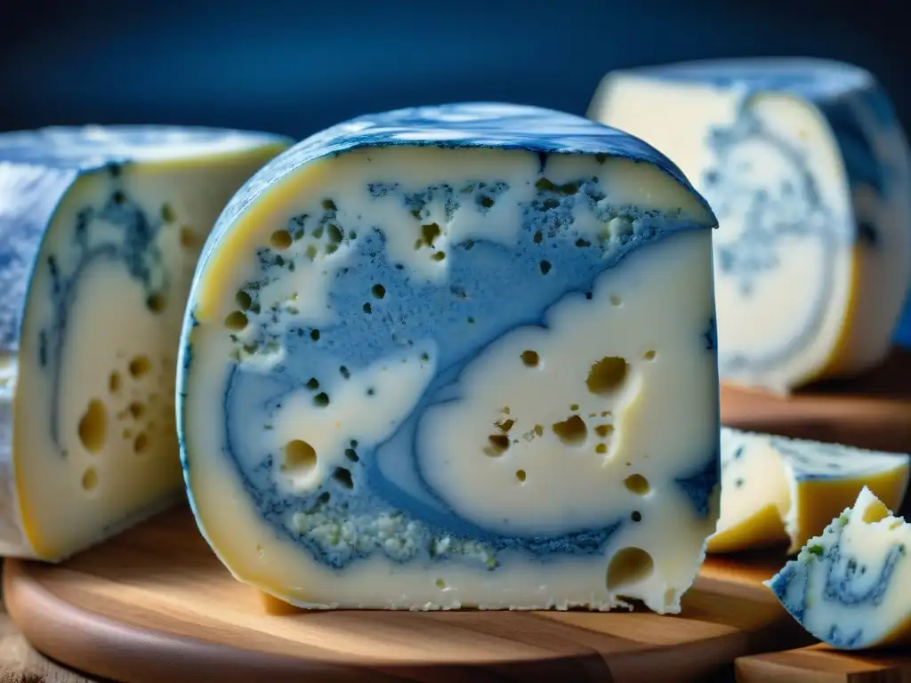 Detalles fascinantes: Marbling azul de queso Roquefort en alta resolución Maravilloso detalle del marmoleado azul en un queso Roquefort, comparativa gorgonzola roquefort quesos azules