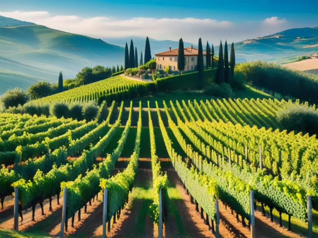 Maravilloso paisaje de viñedos en la Toscana, Italia, con viñedos verdes y una villa italiana