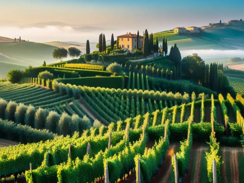 Maravilloso paisaje de viñedos en Toscana, Italia, con una villa tradicional, trabajadores y cipreses