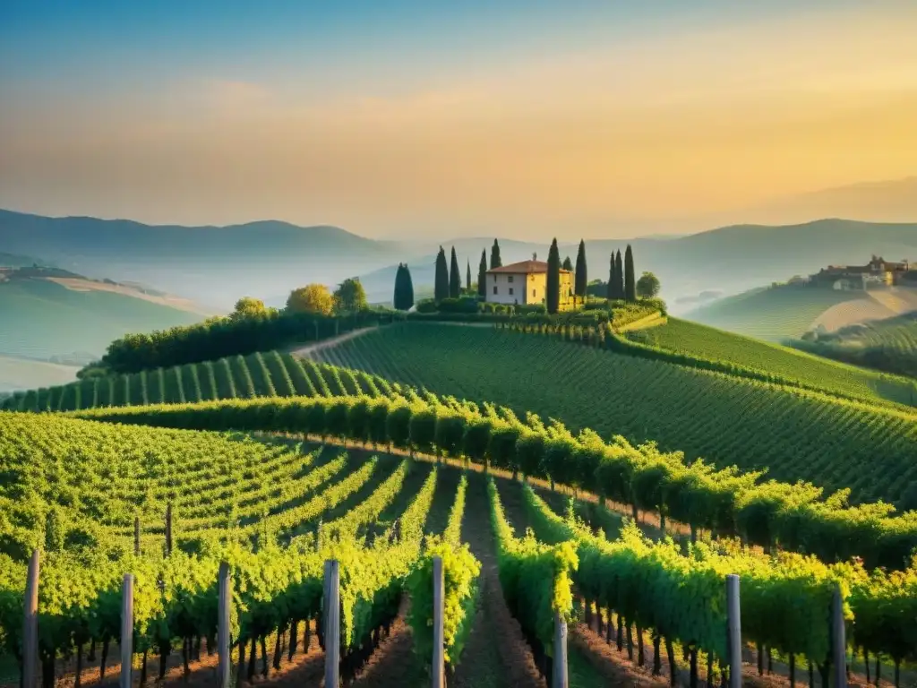 Maravilloso viñedo al atardecer en Piamonte, Italia, con sol dorado sobre colinas