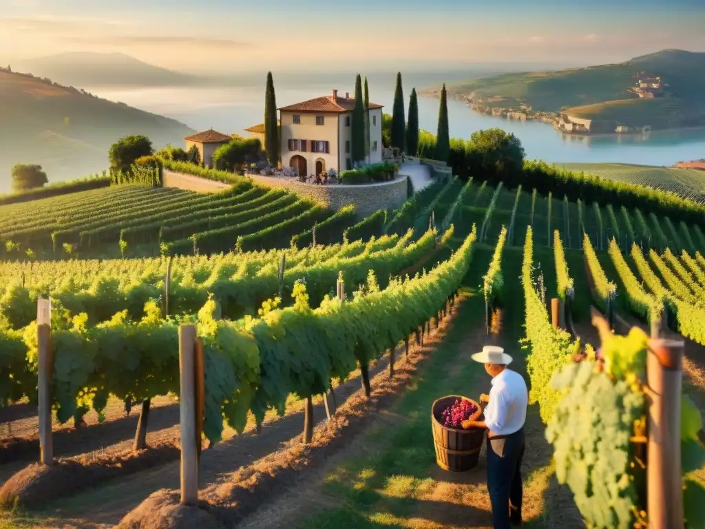 Viñedo italiano al atardecer: tradición y cosecha Maridaje gastronomía vinos viñedos italianos: Atardecer dorado en viñedo italiano, recolección de uvas por campesinos
