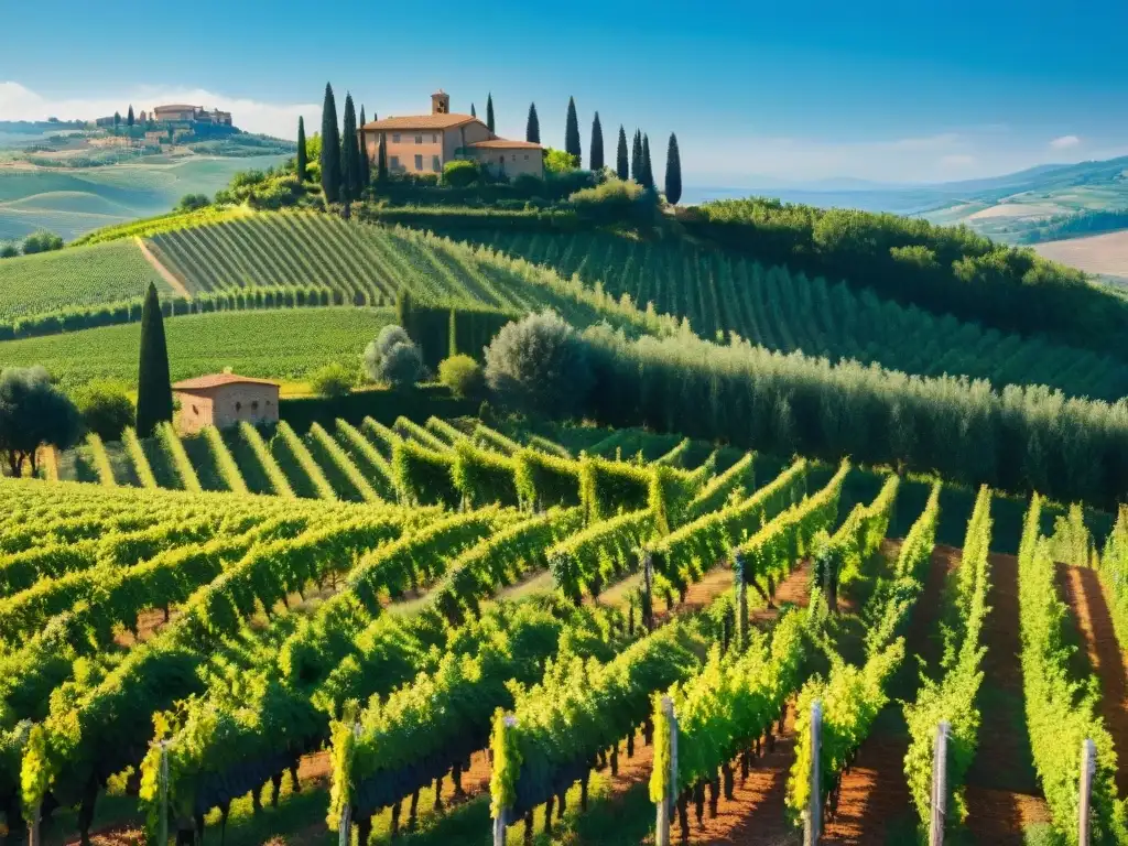 Viñedo idílico en las colinas de Toscana Maridaje gastronomía vinos viñedos italianos: Viñedo idílico en Toscana con villa y uvas brillantes bajo el sol