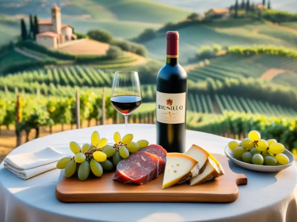 Maridaje Brunello di Montalcino vino en mesa elegante bajo el sol de la Toscana