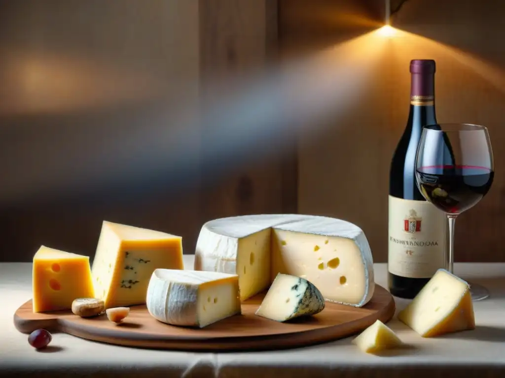 Maridaje de quesos y vinos italianos perfecto en mesa rústica elegante con Parmigiano Reggiano, Gorgonzola, Provolone y Chianti