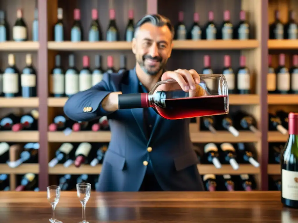 Maridaje Brunello di Montalcino: Sommelier sirviendo vino tinto en copa de cristal, en entorno elegante con barril y botellas de vino