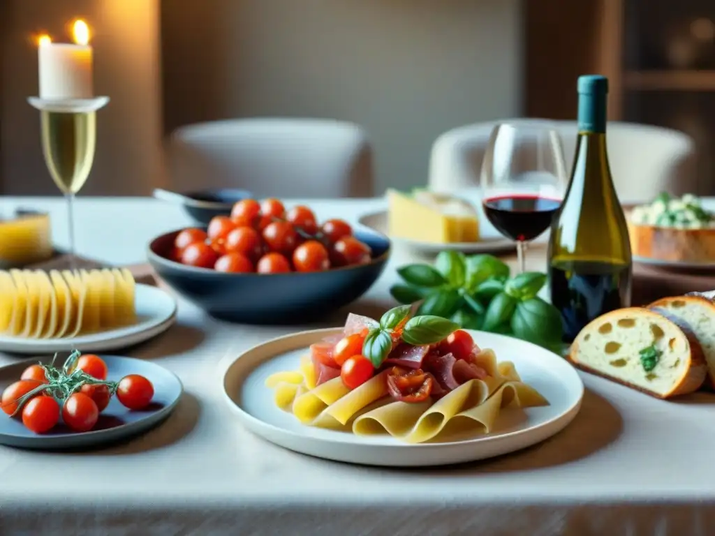 Maridaje vinos comidas italianas: Mesa elegante con platos tradicionales y vinos, creando una atmósfera cálida y sofisticada