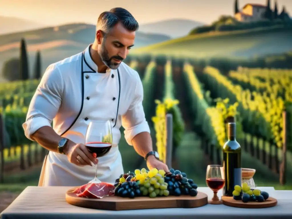 Maridaje de vinos y comidas italianas en la Toscana al atardecer