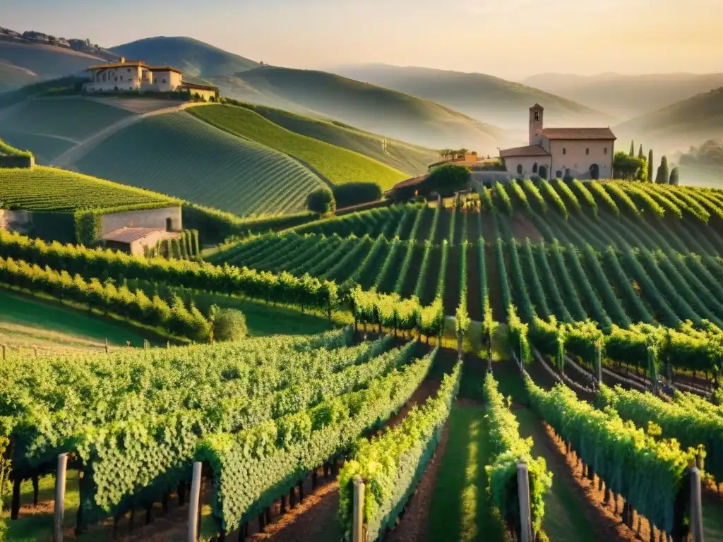 Maridaje de vinos italianos pasta: Viñedo rústico al atardecer, granjas tradicionales y viñedos verdes bajo la cálida luz dorada