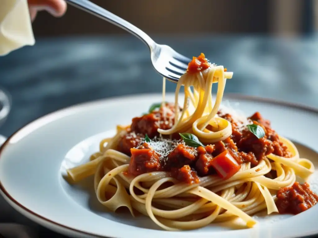 Maridaje vinos italianos pasta: Bocado perfecto de pasta casera con salsa de tomate y queso Parmesano, en una cocina italiana acogedora