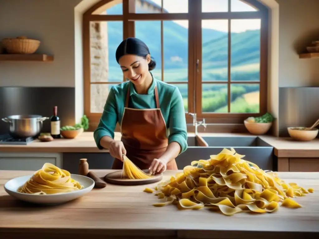 Maridaje de vinos italianos y pasta en cocina rústica con nonna preparando pasta fresca