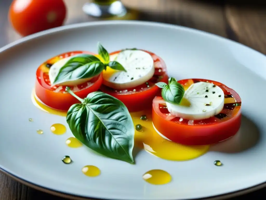 Maridaje vinos italianos platos modernos: Deliciosa ensalada Caprese colorida y vibrante en un elegante plato minimalista