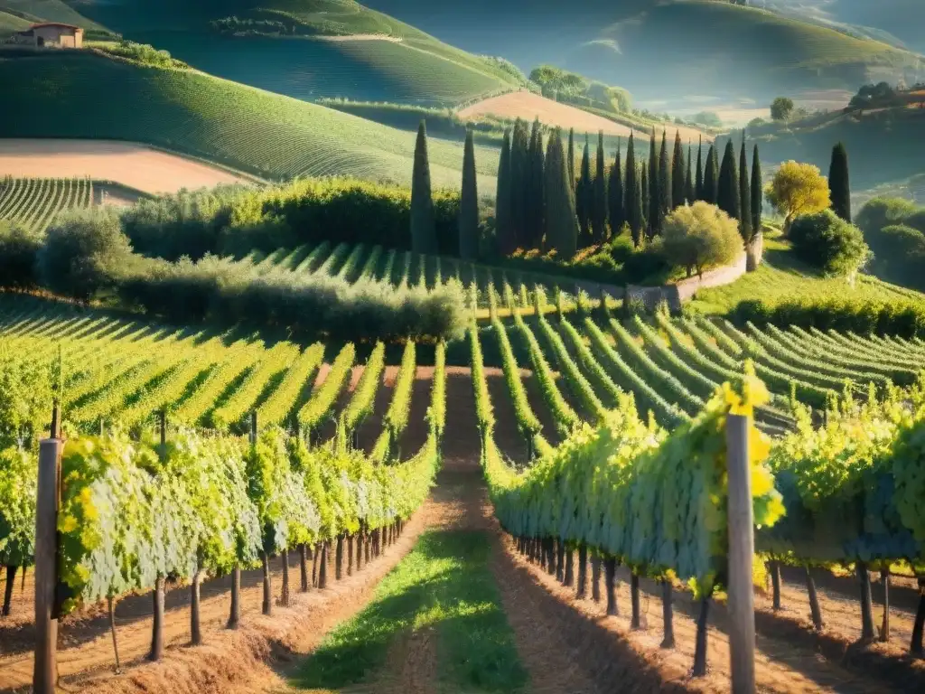 Maridaje vinos italianos veganos: Viñedo exuberante en Toscana, con filas de viñedos verdes bajo el sol dorado