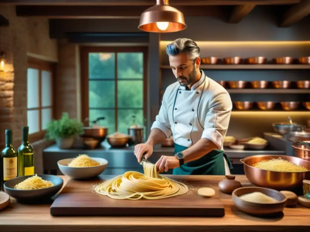 Maridaje vinos pastas cocina italiana: Chef italiano amasando pasta fresca en cocina rústica con vinos y cobre