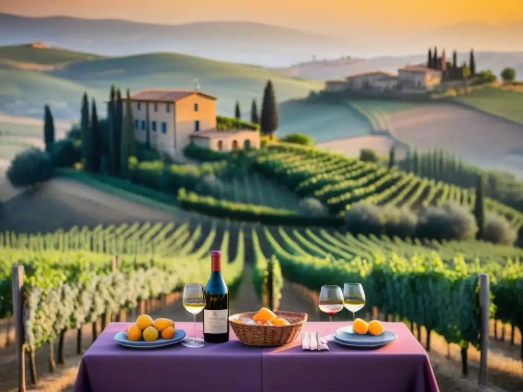 Maridaje vinos Toscana cocina italiana: Viñedo toscano al atardecer con mesa de cata y vista a la villa