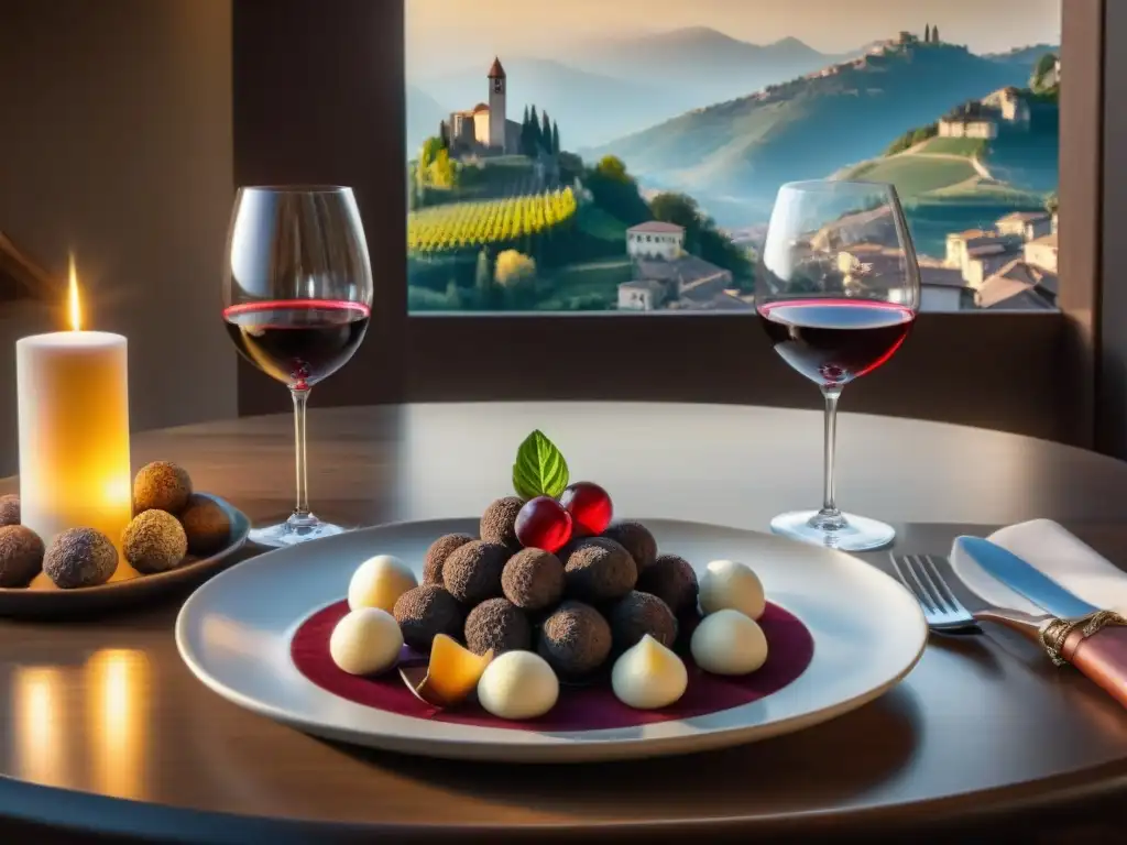 Maridajes vino Barolo trufas Piamonte: Mesa rústica con elegantes copas de vino y exquisitos platillos, iluminada por velas