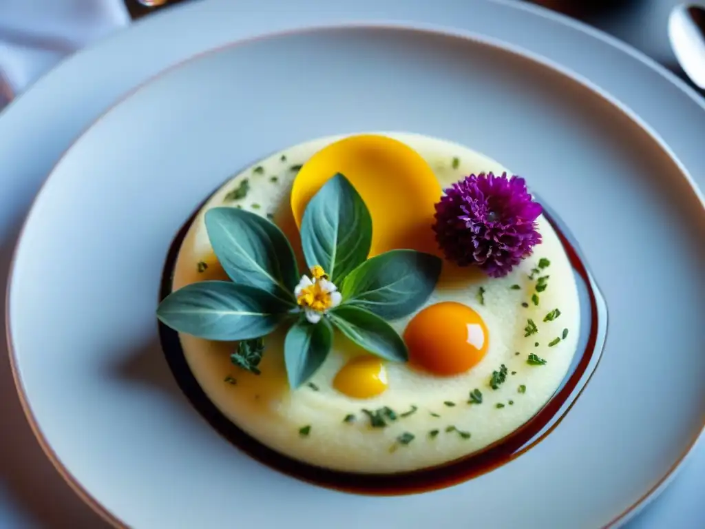 Maridajes innovadores en un lujoso restaurante italiano: plato colorido y texturas intrincadas con hierbas frescas y flores comestibles