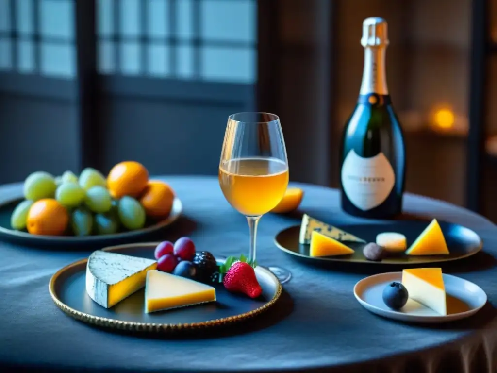 Maridajes innovadores con Prosecco: Mesa elegante con cócteles, quesos, frutas y chocolates gourmet, iluminada por velas