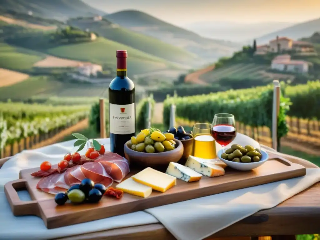 Maridajes perfectos: mesa rústica con antipasti italianos y vinos locales en paisaje de viñedos