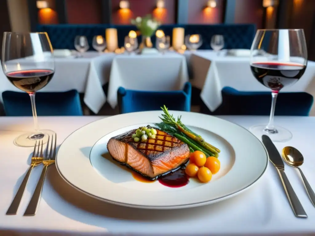 Maridajes perfectos en un restaurante italiano de lujo, con una mesa elegantemente preparada y exquisitas creaciones culinarias