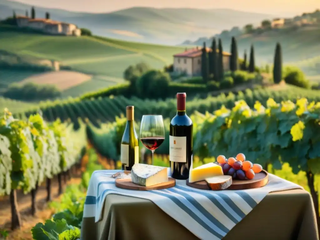 Maridajes perfectos vinos italianos picnic: Viñedo en Toscana con picnic de quesos, embutidos y vinos, en una tarde soleada